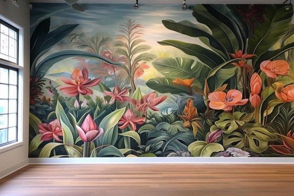 Nội thất quán cafe trở nên mát mẻ và thoáng đãng hơn khi vẽ tranh tường hoa lá